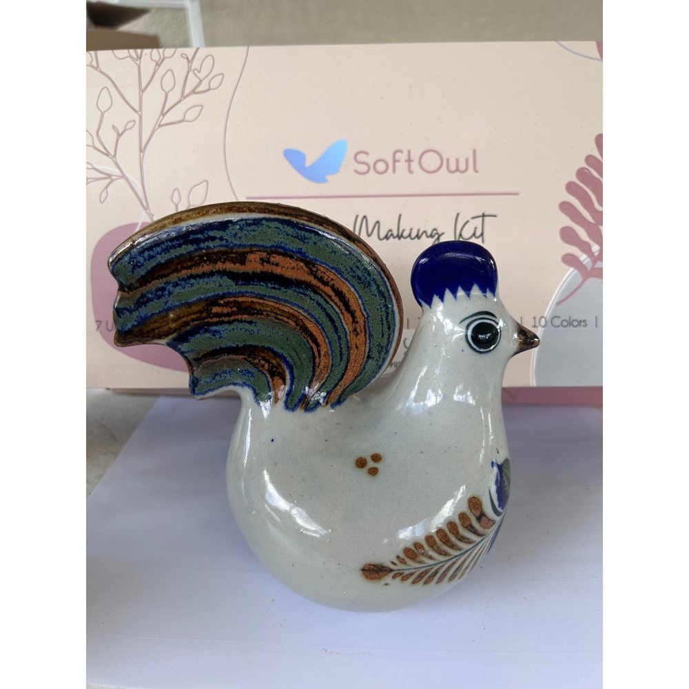 Erandi Mexico Tonala Pottery Rooster Figurine Hand Painted Ceramic Folk Art Bird